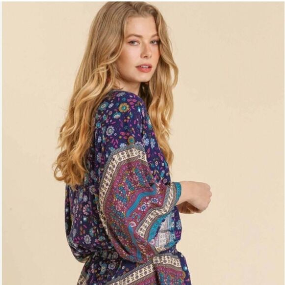 Umgee Mixed Print Surplice Waist tie Romper NWT - Picture 6 of 10